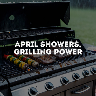 Grill on a outdoor patio with food on the cooking grids.