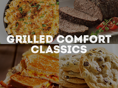 Four images of finished BBQ Mac-n-cheese, Athenian Beef Meatloaf with Cucumber-Yogurt Sauce, Bacon Grilled Cheese Sandwich, Grilled Chocolate Chip Cookies.